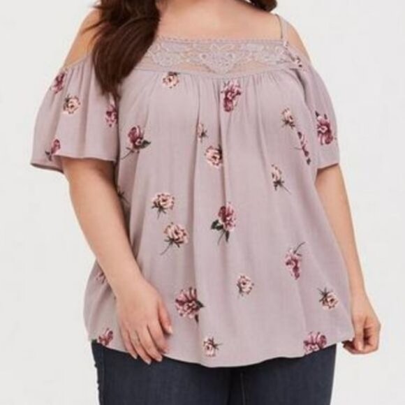Torrid Floral Lace Trim Cold-Shoulder Top Size 2‎ Plus - Picture 3 of 5